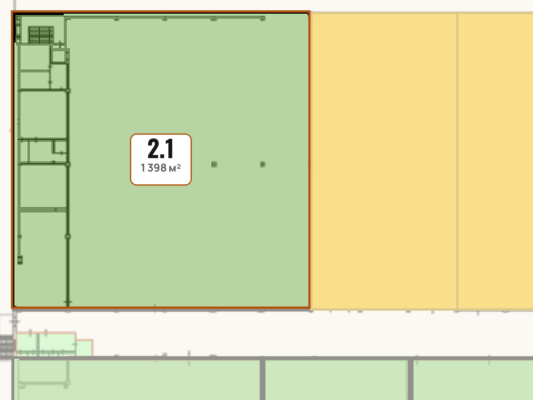План блока 2.1, 1 398 м², на листе второго этажа